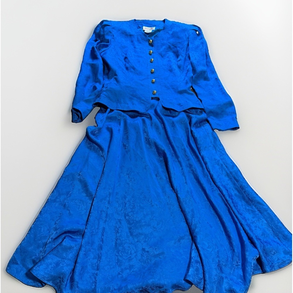Vintage Maggy London 100% Silk Blue Jacquard Midi Skirt Suit Size 10